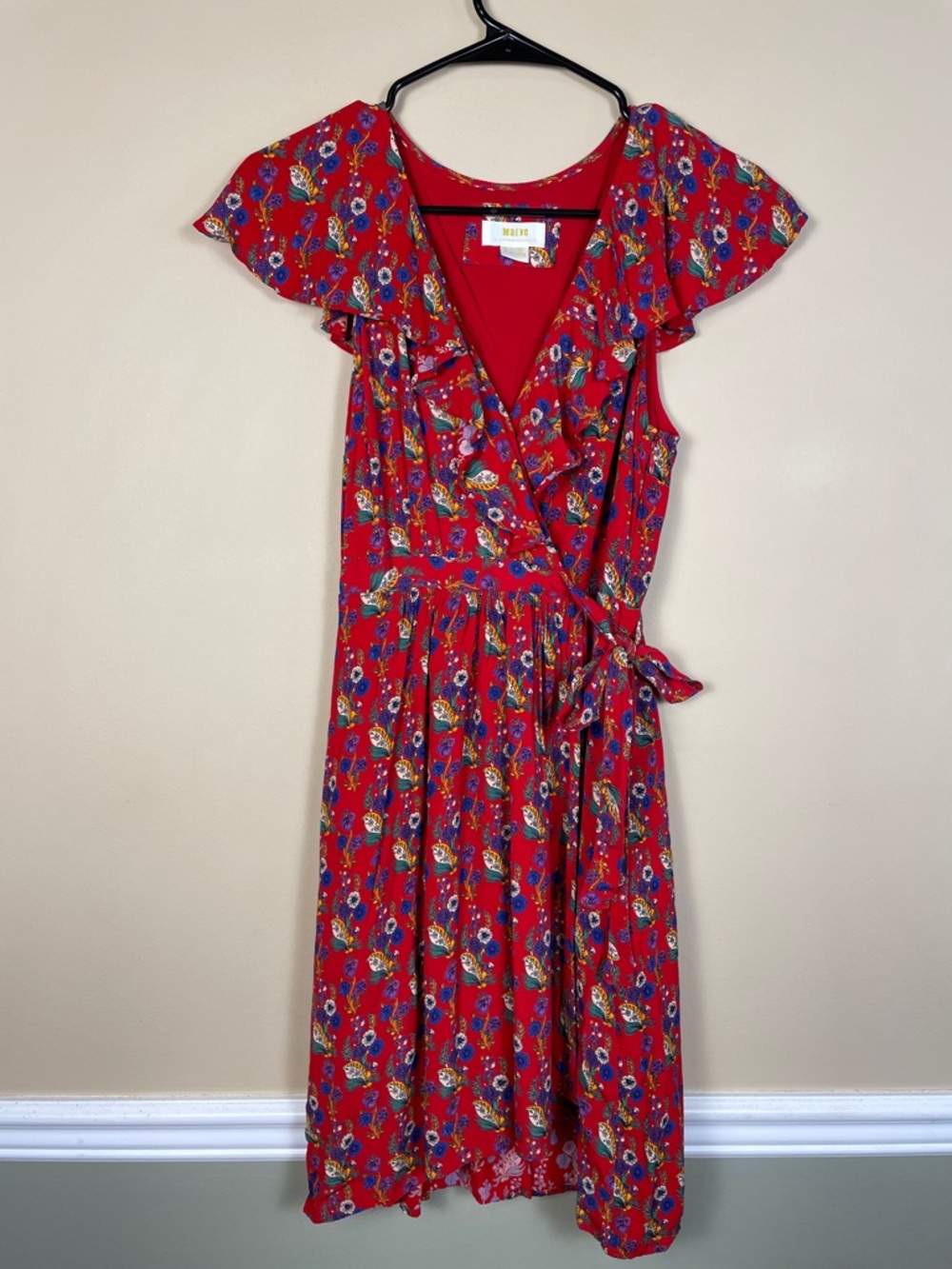Maeve Anthropologie Women’s Rosalia Red Floral Flutter Sleeve Faux Wrap Dress